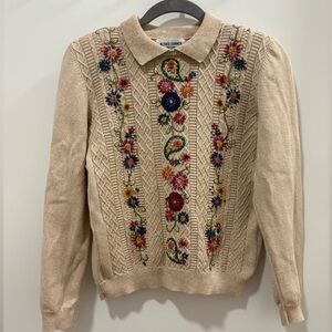 Vintage Alfred Dunner Floral Embroidered Beige Sweater - size PS